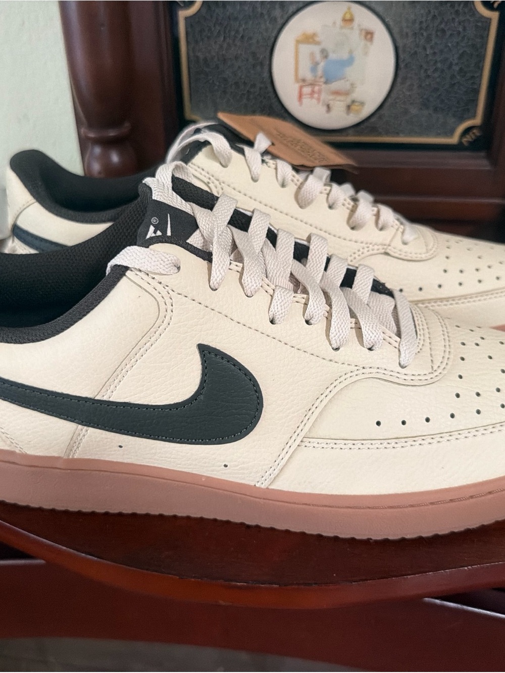 Nike Men’s Court Vision Low-Top Sneakers in Cream with Black Swoosh and Gum Sole